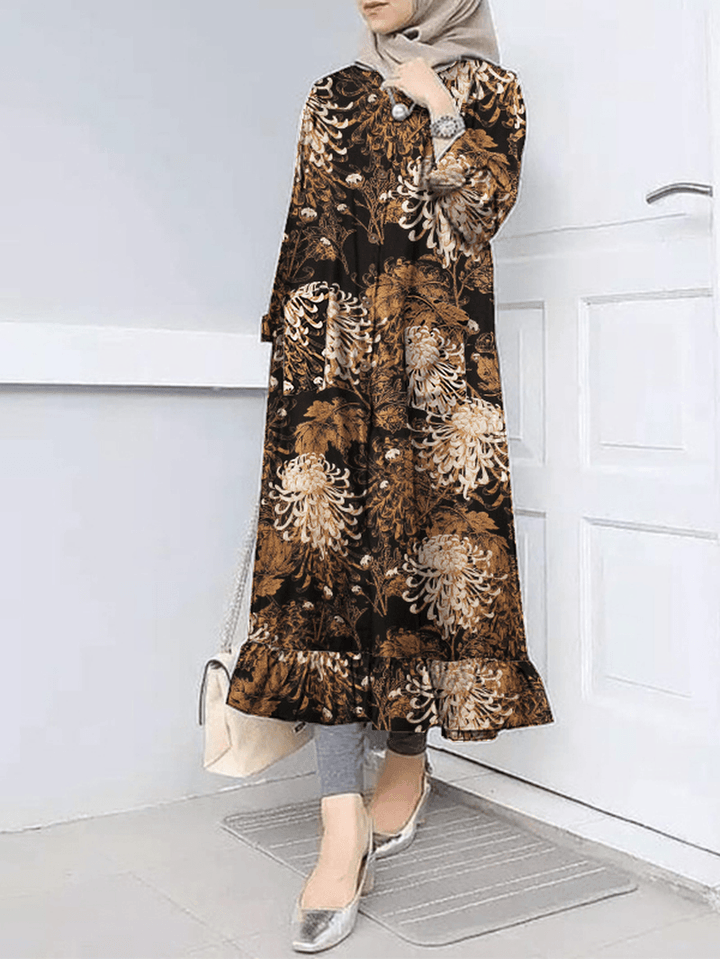 Women Flora Print Ruff Hem O-Neck Casual Bohemian Abaya Kaftan Shirt Dress with Pocket - MRSLM