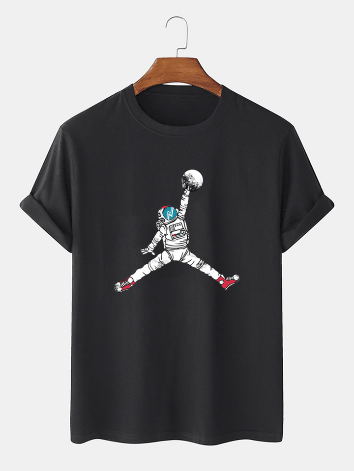 Astronaut Cartoon Print Crew Neck Short Sleeve T-Shirts - MRSLM