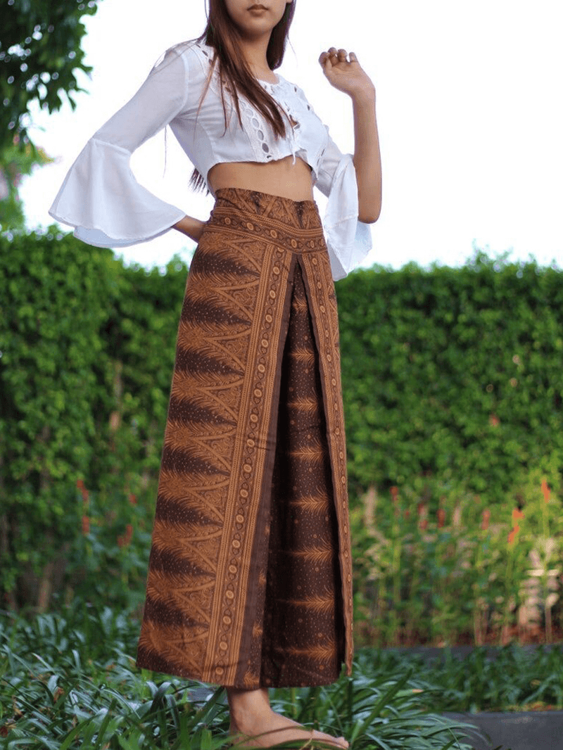 Women Idyllic Ethnic Style High Waist Side Split Loose Yoga Wide Leg Pants - MRSLM