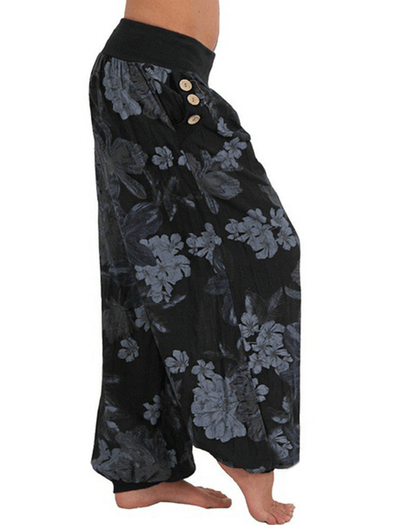 Women Casual Loose Floral Print Button Full Length Pants - MRSLM