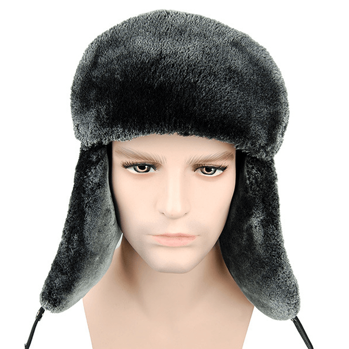 Unisex PU Leather Earflap Ear Muff Hat Faux Fur Plush Linen Buckle Pilot Trapper Cap - MRSLM