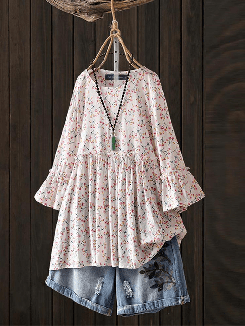 Women Casual Floral Printed O-Neck 3/4 Flare Sleeve Blouse - MRSLM