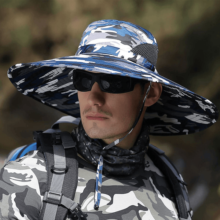 Mens UPF 50+ Bucket Hat Waterproof Mesh Breathable Sunshade Camouflage Cap Oversized Brim with String for Outdoor Fishing Hat Climbing - MRSLM