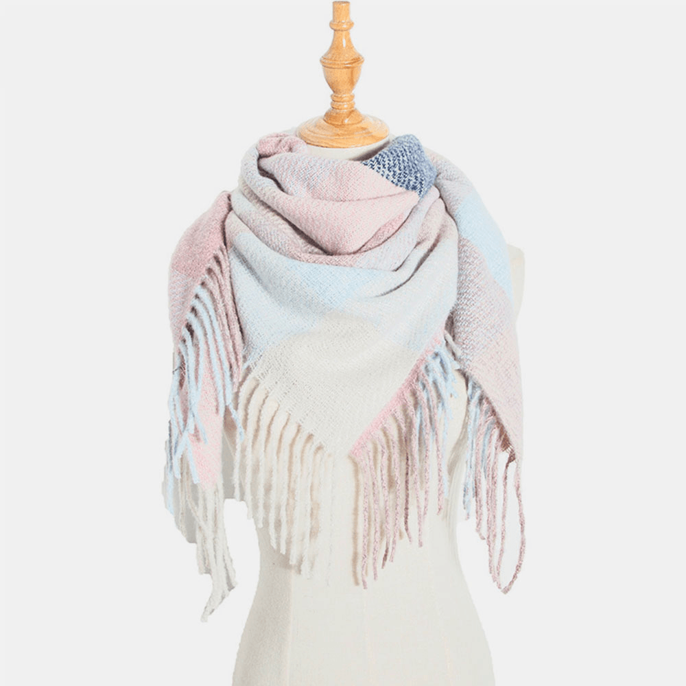 Women Tie-Dyed Contrast Color Stripe Lattice Pattern Tassel Winter Keep Warm Multi-Purpose Scarf Shawl - MRSLM