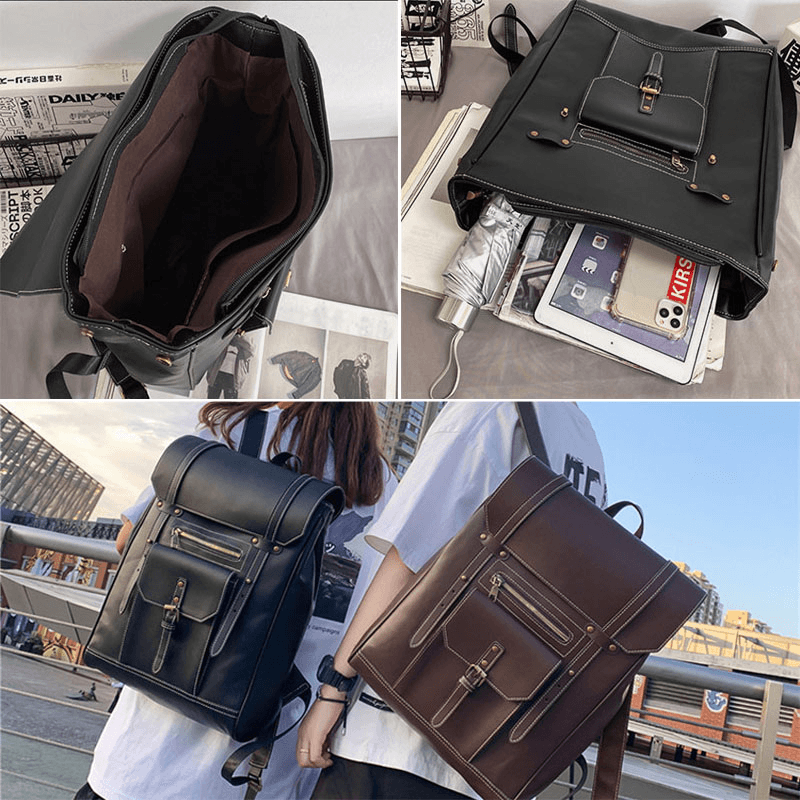 Men Retro PU Soft Leather Large Capacity Backpack Waterproof Breathable Front Pocket Design Shoulder Bag - MRSLM