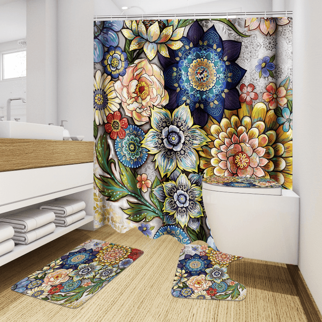 4Pcs Bathroom Mat Set Pedestal Rug Lid Toilet Cover Shower Curtain Non Slip - MRSLM