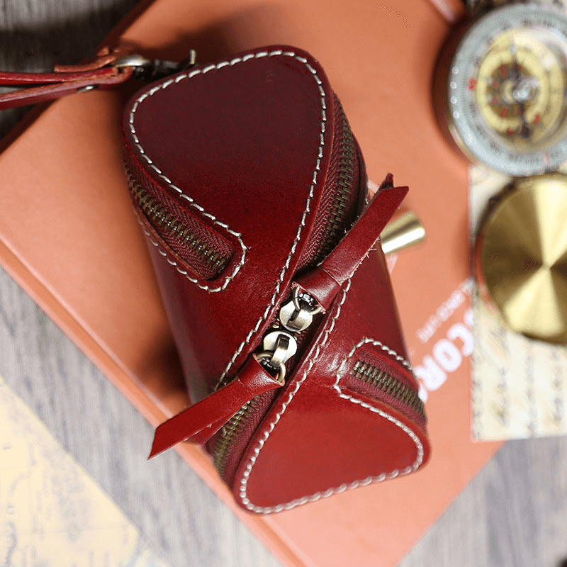 Men Genuine Leather Solid Color Oval Zipper Retro Key Case Card Case Clutch Bags - MRSLM