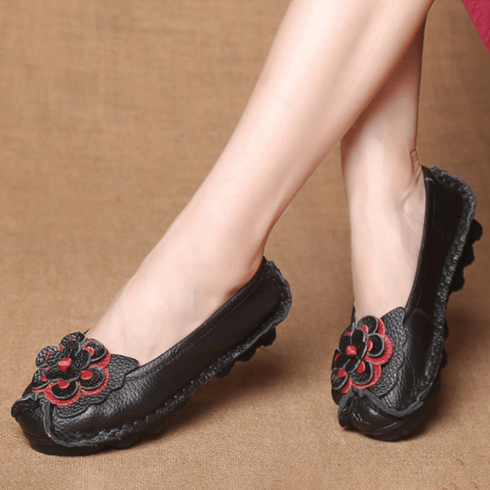 Women Shoes Casual Comfortable Floral Leather Flats - MRSLM