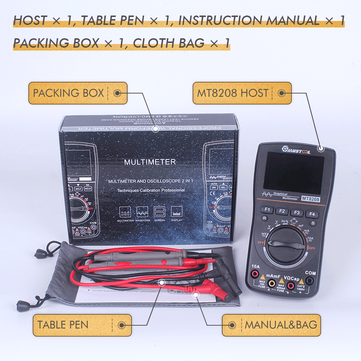 MUSTOOL MT8208 Intelligent Graphical Digital Oscilloscope Multimeter 2 in 1 with 2.4 Inches Color Screen 1Mhz Bandwidth 2.5Msps Sampling Rate for DIY and Electronic Test Upgraded from MT8206 - MRSLM