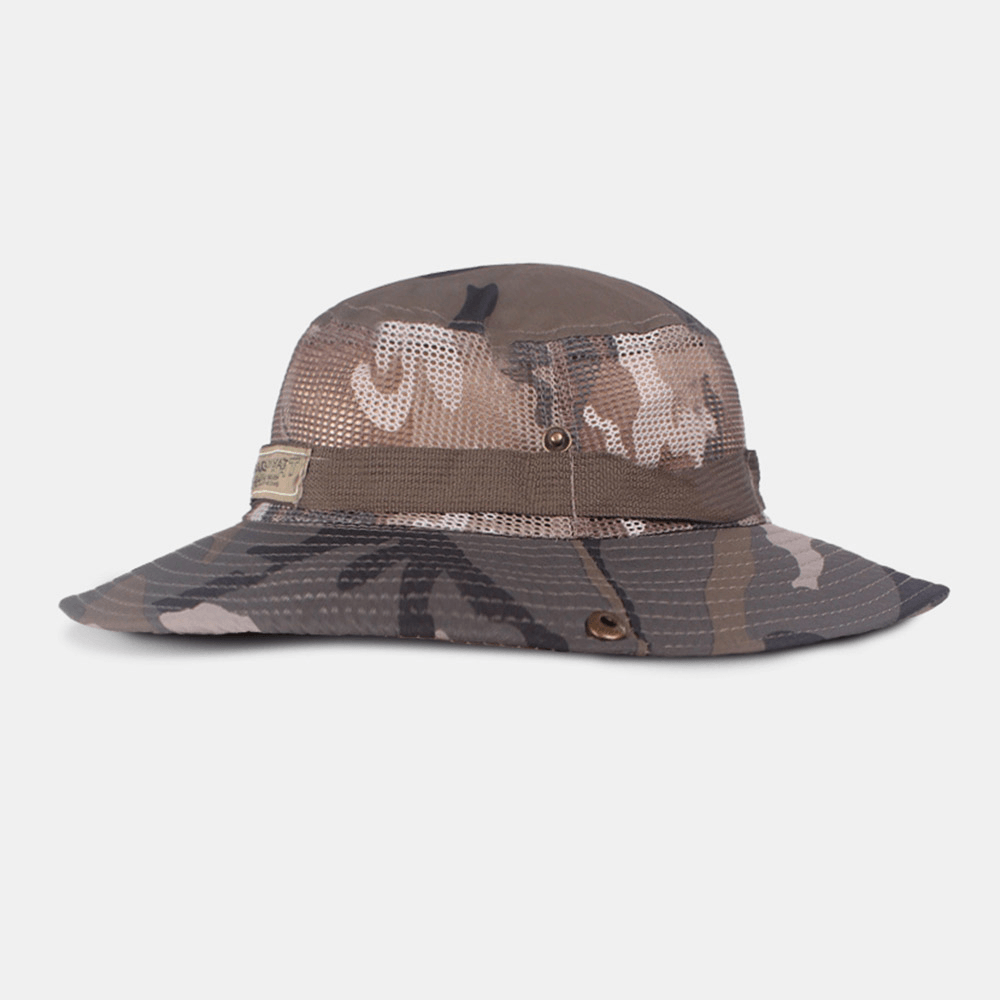 Men Camouflage Mesh Breathable Big Brim Outdoor Mountaineering Sunshade Bucket Hat - MRSLM