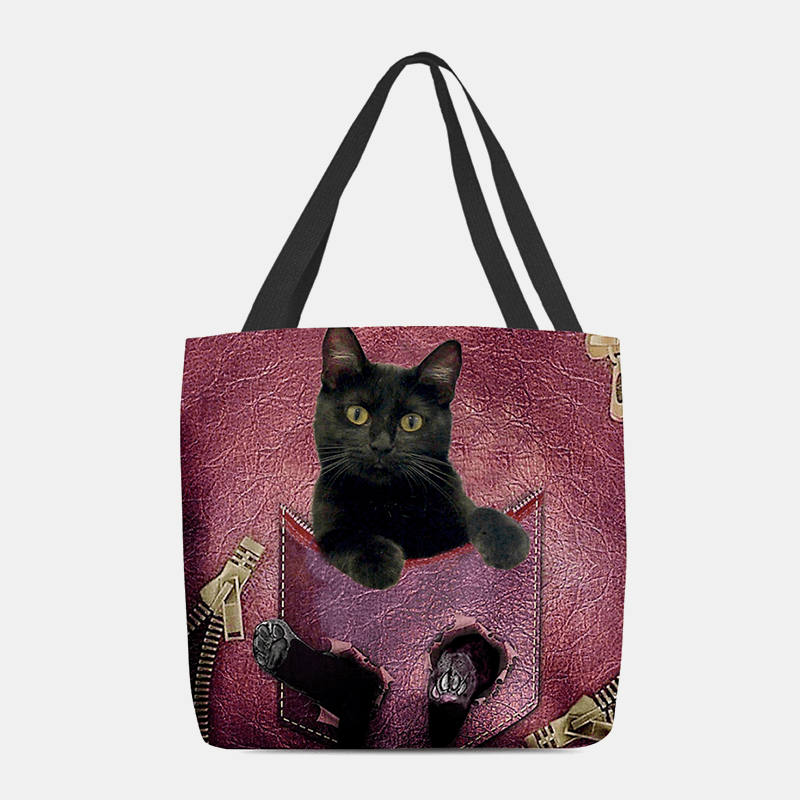 Women Felt Cute 3D Three-Dimensional Cartoon Black Cat Pattern Shoulder Bag Handbag Tote - MRSLM