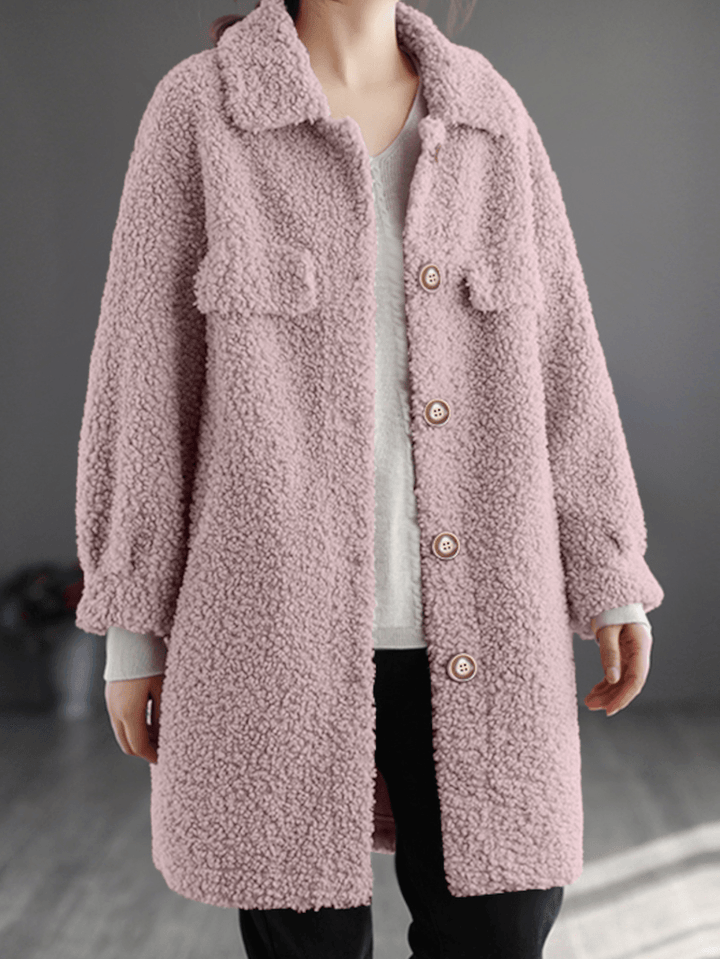 Women Solid Loose Casual Teddy Velvets Wool Daily Leisure Retro Lapel Medium Long Coat - MRSLM