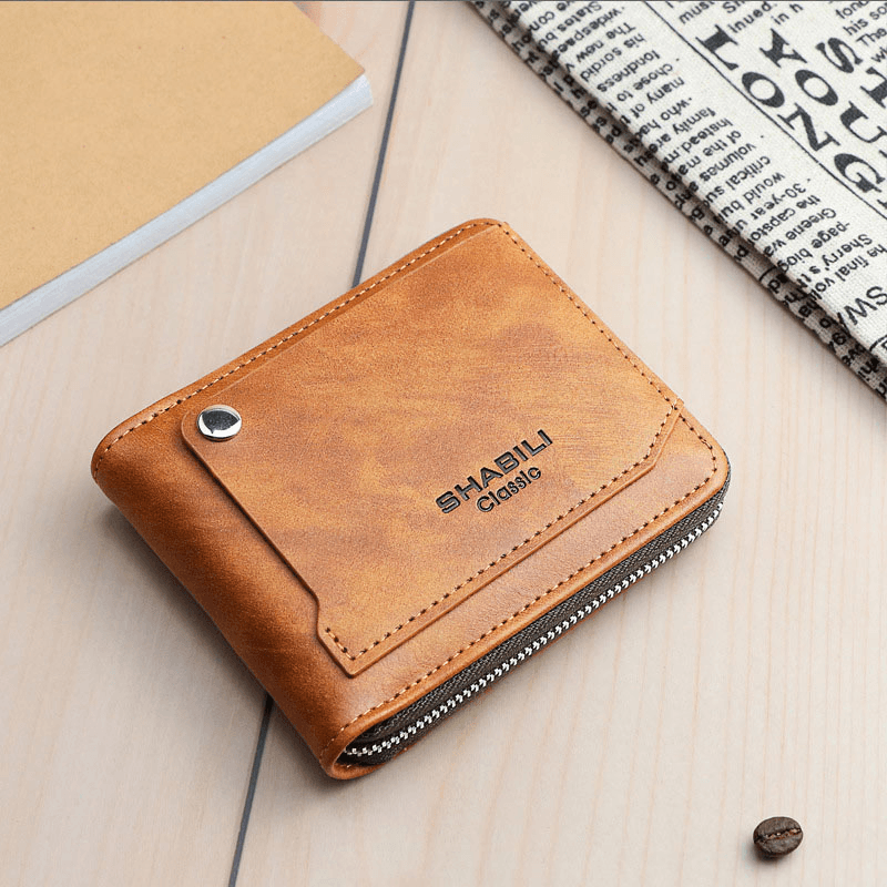 Men Faux Leather Retro Classical Draw Card Slot Bifold Zipepr Card Holder Wallet - MRSLM