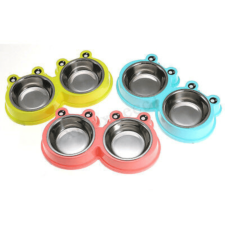 3Colors Frog Shape Pet Bowl Food Water Container Stainless Steel Dog Cat Feeder - MRSLM