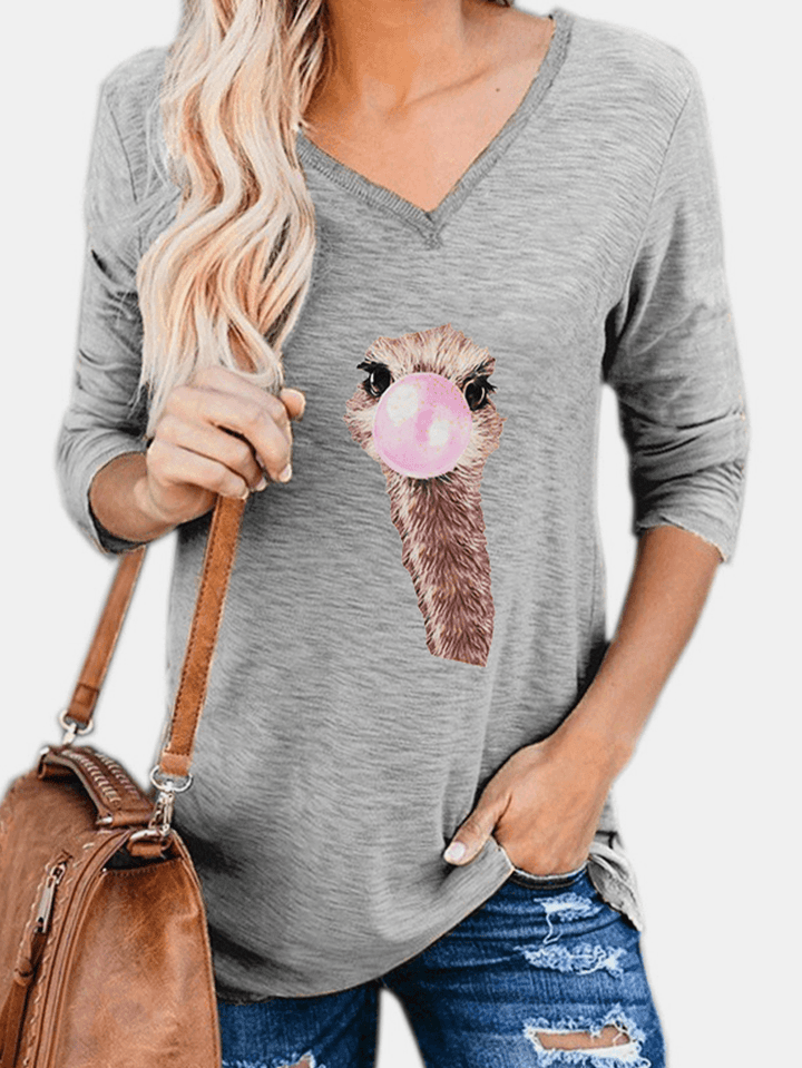 Women Cute Ostrich Animal Print V-Neck Long Sleeve Casual Blouses - MRSLM