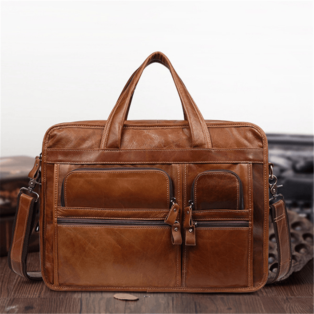 Men Ekphero Vintage Genuine Leather Large Capacity Business Handbag Crossbody Bag - MRSLM