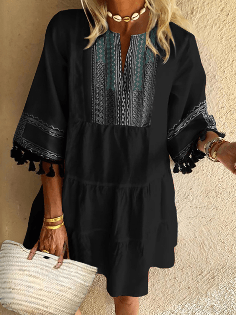 Bohemian Print Tassel Patchwork Loose O-Neck Casual Dress - MRSLM