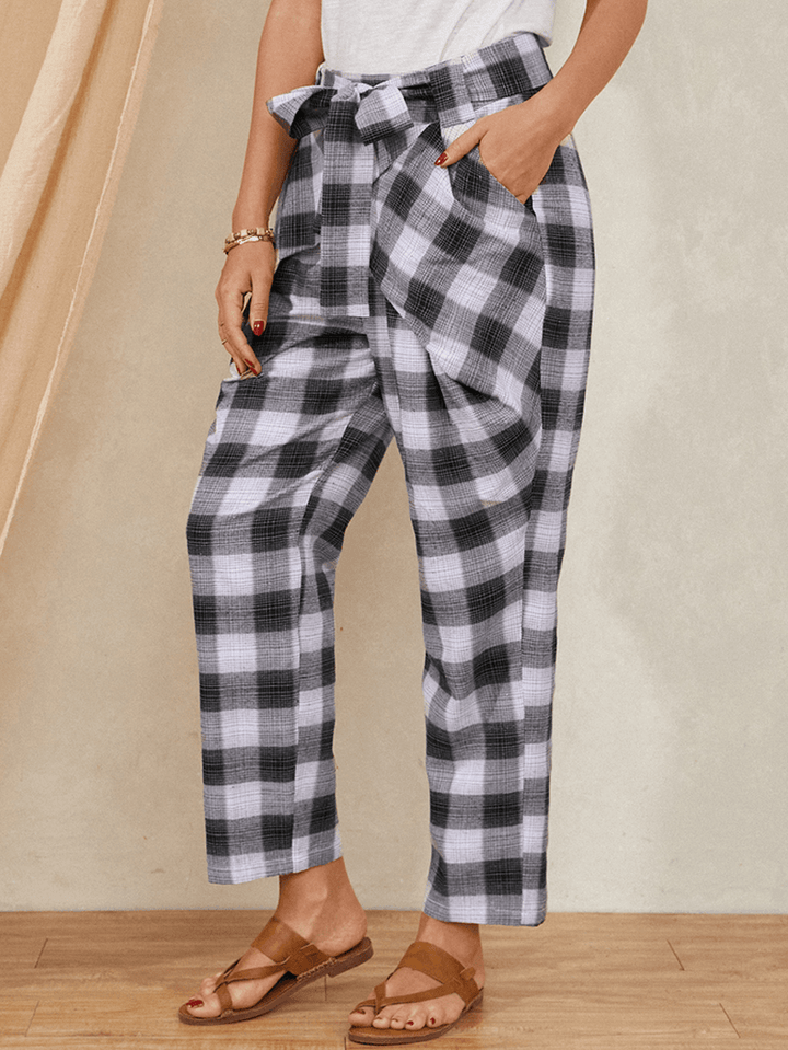 Plaid Print Knotted Pocket High Waist Loose Casual Pants for Women - MRSLM