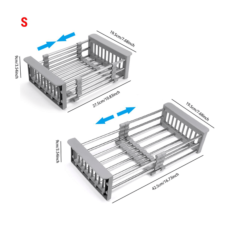 Kitchen Sink Stainless Steel Drain Basket Telescopic Multifunctional Fruit Washing Basket Dish Rack - MRSLM