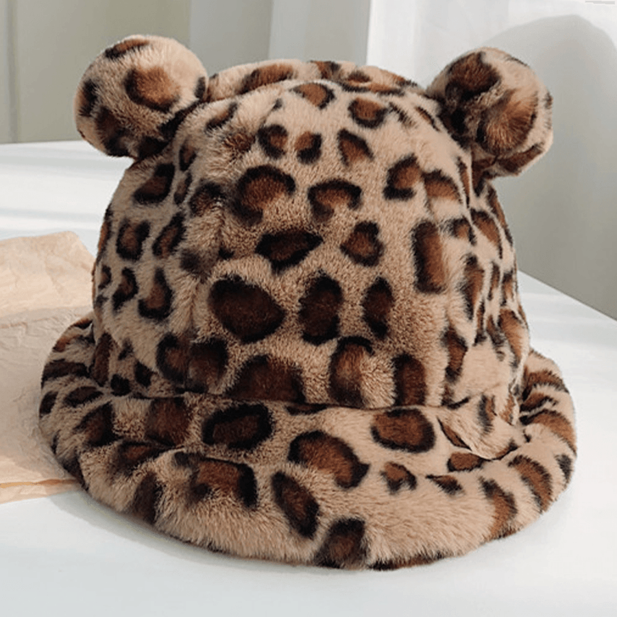 Women Faux Rabbit Hair Warm Soft Cute Casual All-Match Animal Ear Pattern Bucket Hat - MRSLM