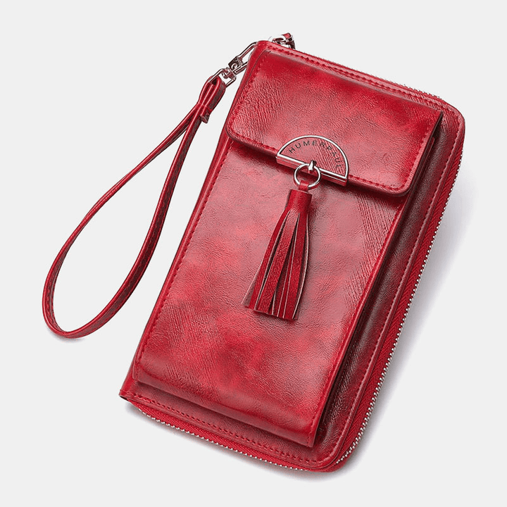 Women RFID Anti-Theft Multifunction Tassel Decor Crossbody Bag Multi-Card Slots Wallet Clutch Bag Phone Bag - MRSLM