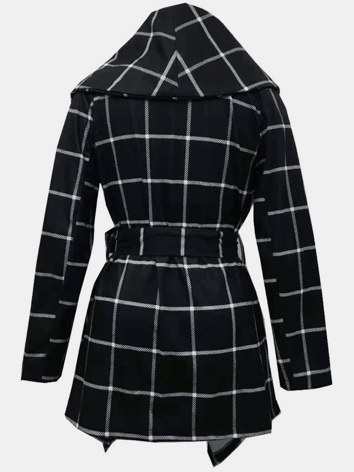 Women Plaid Long Sleeve Asymmetrical Hem Coats with Sashes - MRSLM