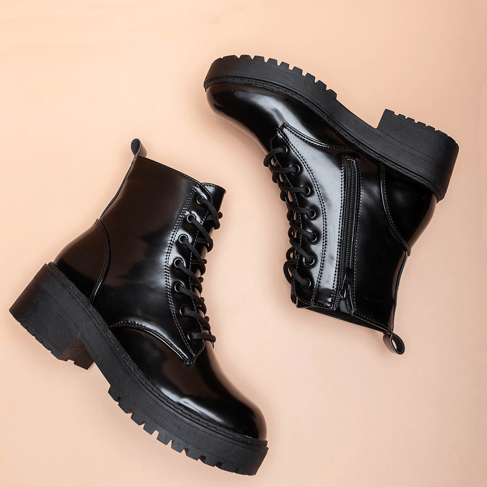 Women Wearable Serpentine Lace up Chunky Heel Combat Boots - MRSLM