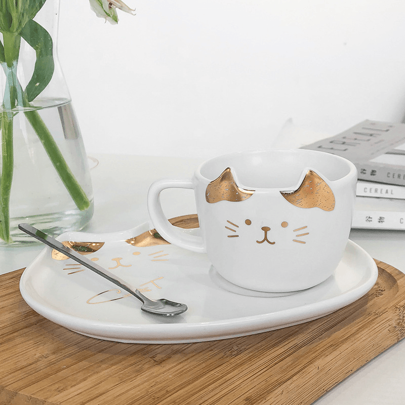 200ML Cat Gold Ceramic Coffee Cup Dish Restaurant with Dish Water Cup Office Cup Tea Cup - MRSLM