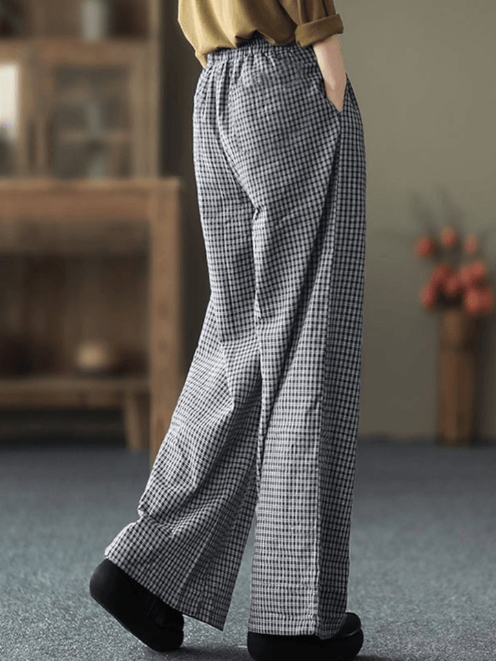 Women Plaid Wide-Legged Elastic Waist Side Pocket Ankle Length Loose Pants - MRSLM