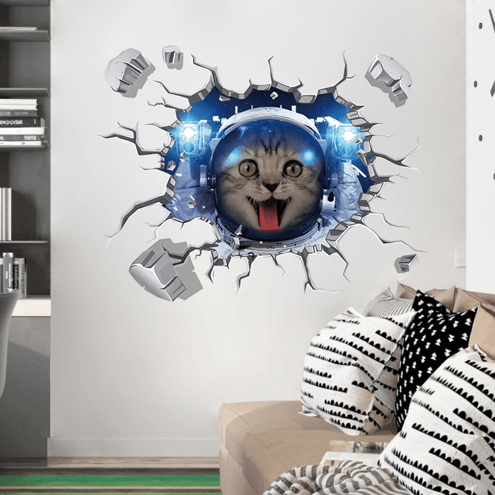 Miico Creative 3D Space Astronaut Cat Broken Wall PVC Removable Home Room Decorative Wall Floor Decor Sticker - MRSLM