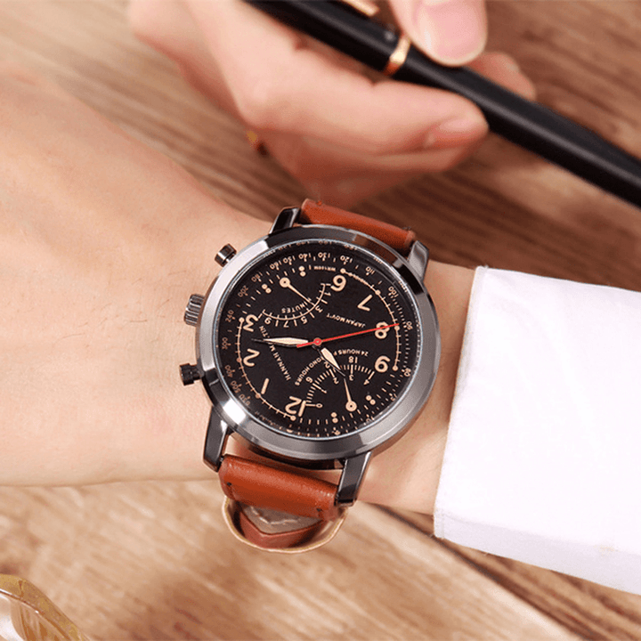 Hannah Martin Men Relogio Masculino Leather Band Decorative Small Dial Quartz Watch - MRSLM