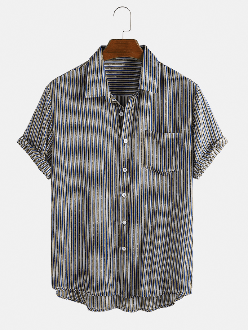 Mesn Thin Srtiped Turn down Collar Short Sleeve Shirts - MRSLM