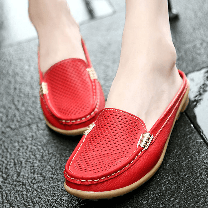 US Size 5-10 New Women Casual Fashion Breathable round Toe Slip-On Leather Flat Sandals Shoes - MRSLM