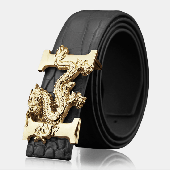 Men Faux Leather 135Cm Fashion Personality Alligator Pattern Gold Dragon Decor Belt - MRSLM