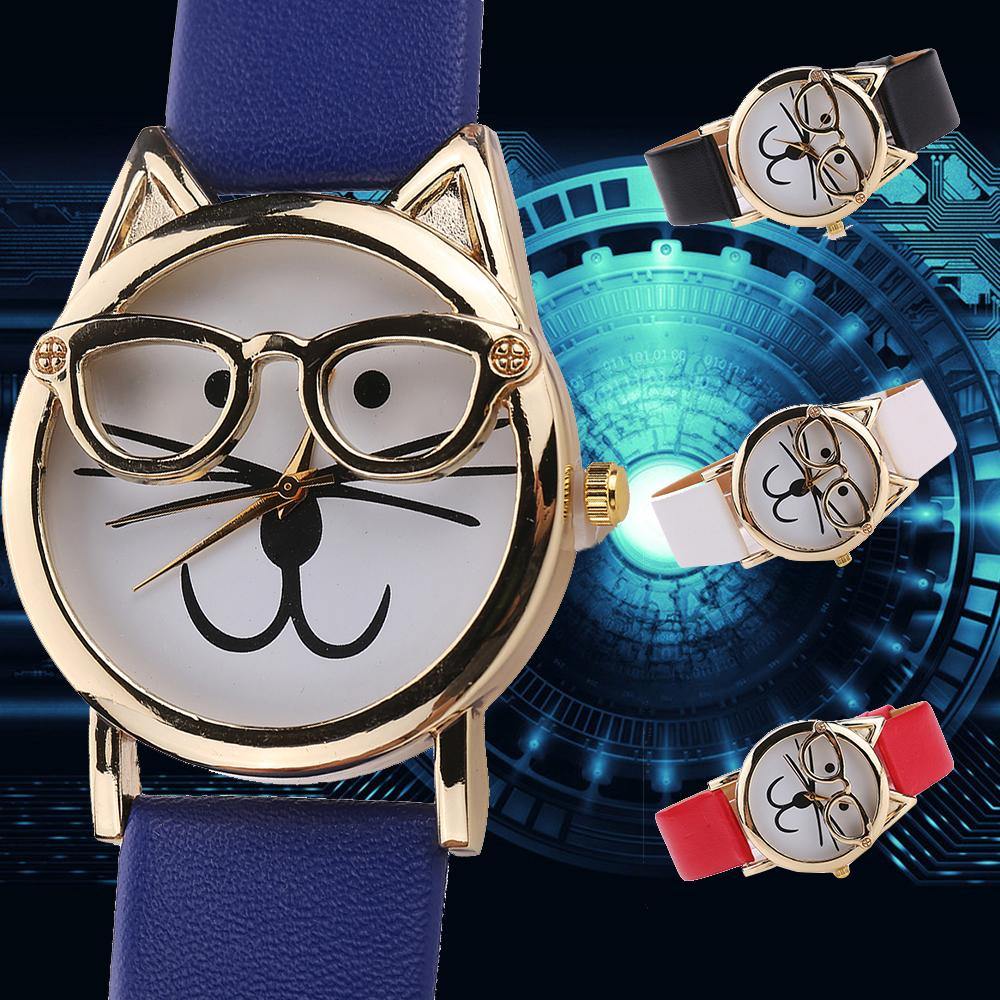 Unisex Fashion Faux Leather Band Cute Glasses Cat Case Analog Quartz Wrist Watch - MRSLM