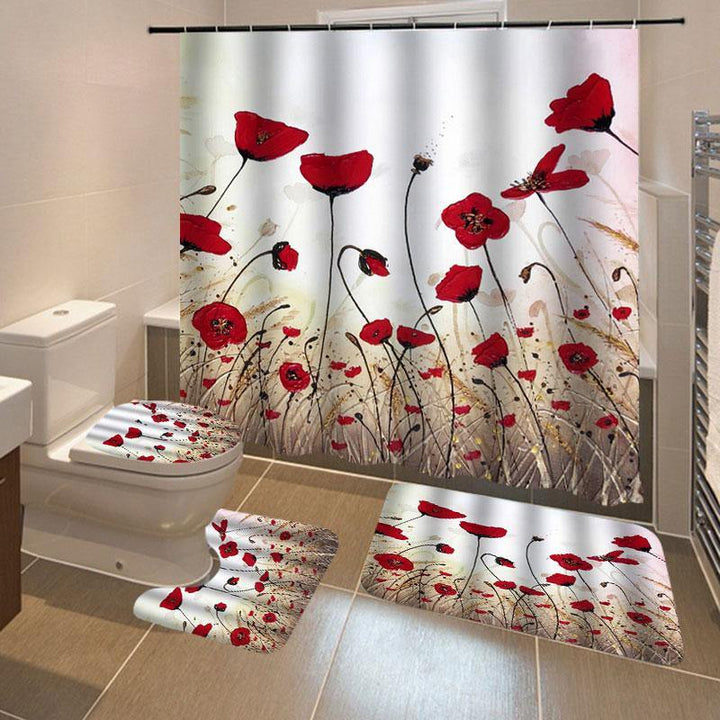 1/3/4Pcs Ink Painting Shower Curtain Bathroom Rug Set Flower Waterproof Polyester Fabric Bathroom Floor Mat Set - MRSLM