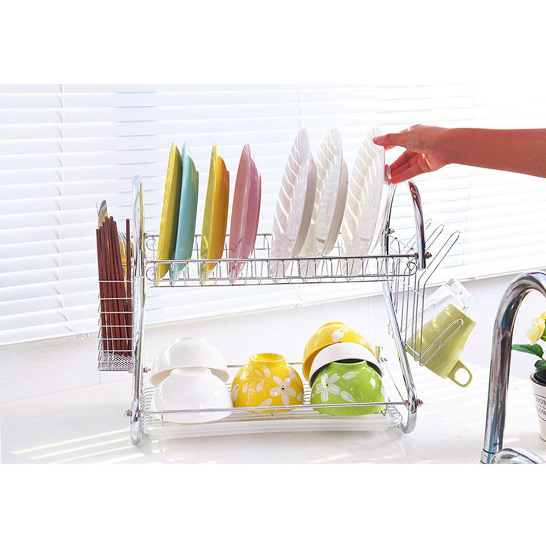 2 Layer 16 Inch Chrome Dish Rack Cup Drying Drainer Tray Cutlery Holder - MRSLM