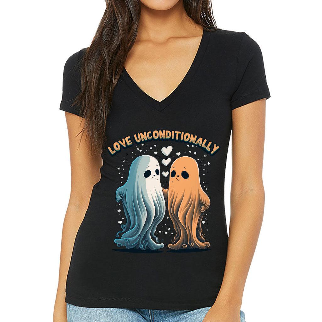 Love Unconditionally Women's V-Neck T-Shirt - Ghost Print V-Neck Tee - Graphic T-Shirt - MRSLM