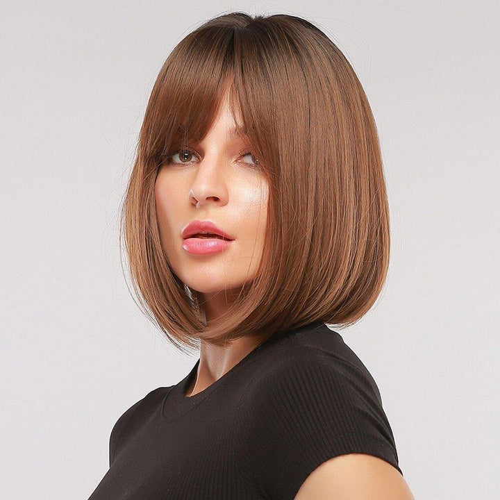 14 Inch Black Gradient Brown Short Straight Hair Fluffy BOBO Head Full Head Cover Wig - MRSLM