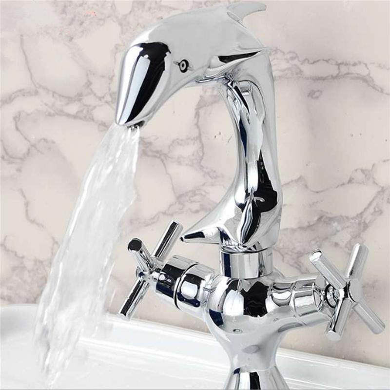 Creative Dolphin Shape Double Handle Basin Sink Mixer Tap Chrome Finish Faucet - MRSLM