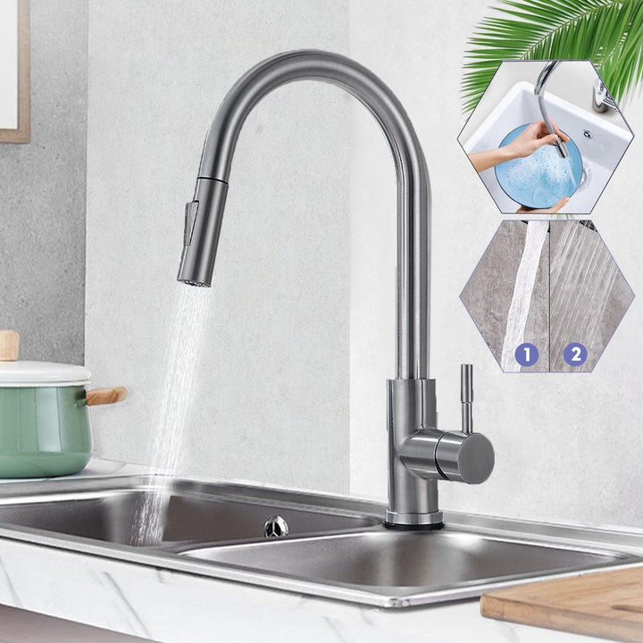 304 Stretching Faucet Double Inlet Pipe Two Outlet Methods Thin Head Silver - MRSLM