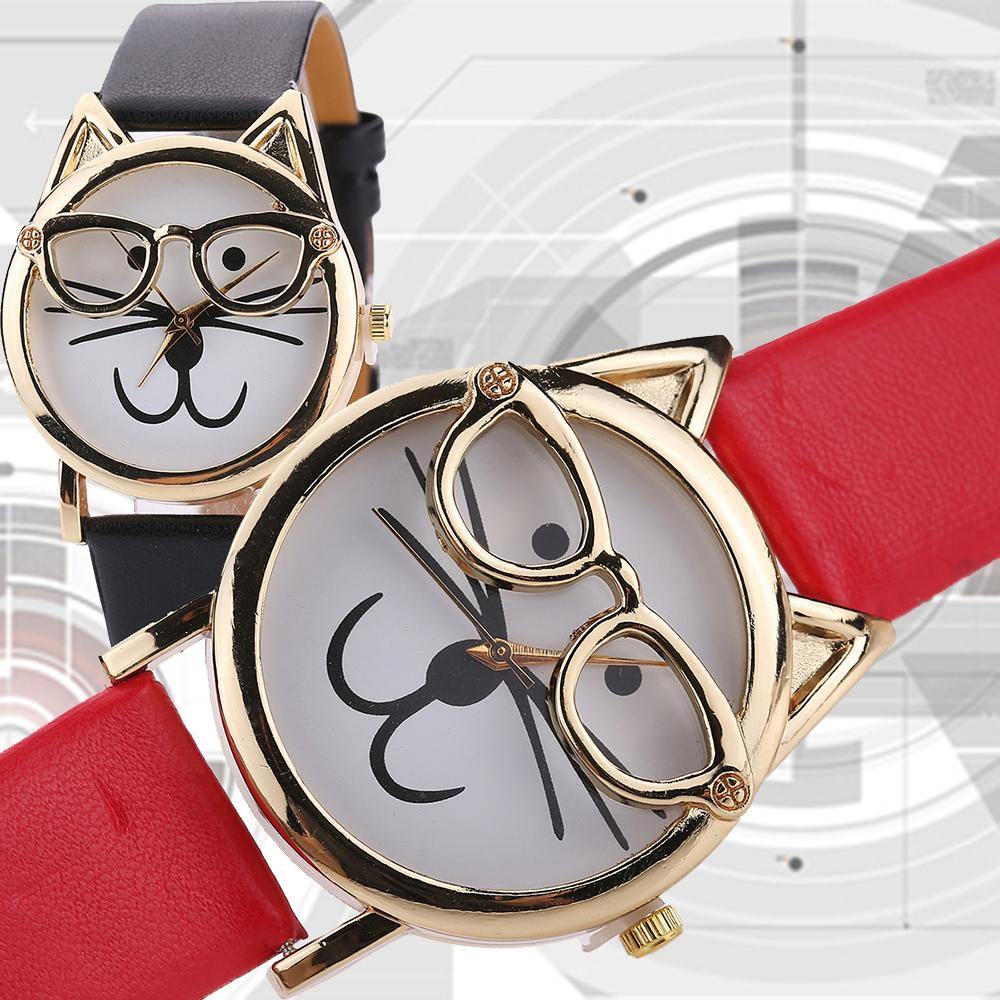 Unisex Fashion Faux Leather Band Cute Glasses Cat Case Analog Quartz Wrist Watch - MRSLM