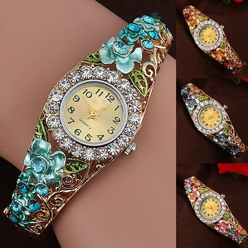 Women's Beautiful Flower Band Hollow Out Bangle Crystal Quartz Bracelet Watch Jewelry - MRSLM