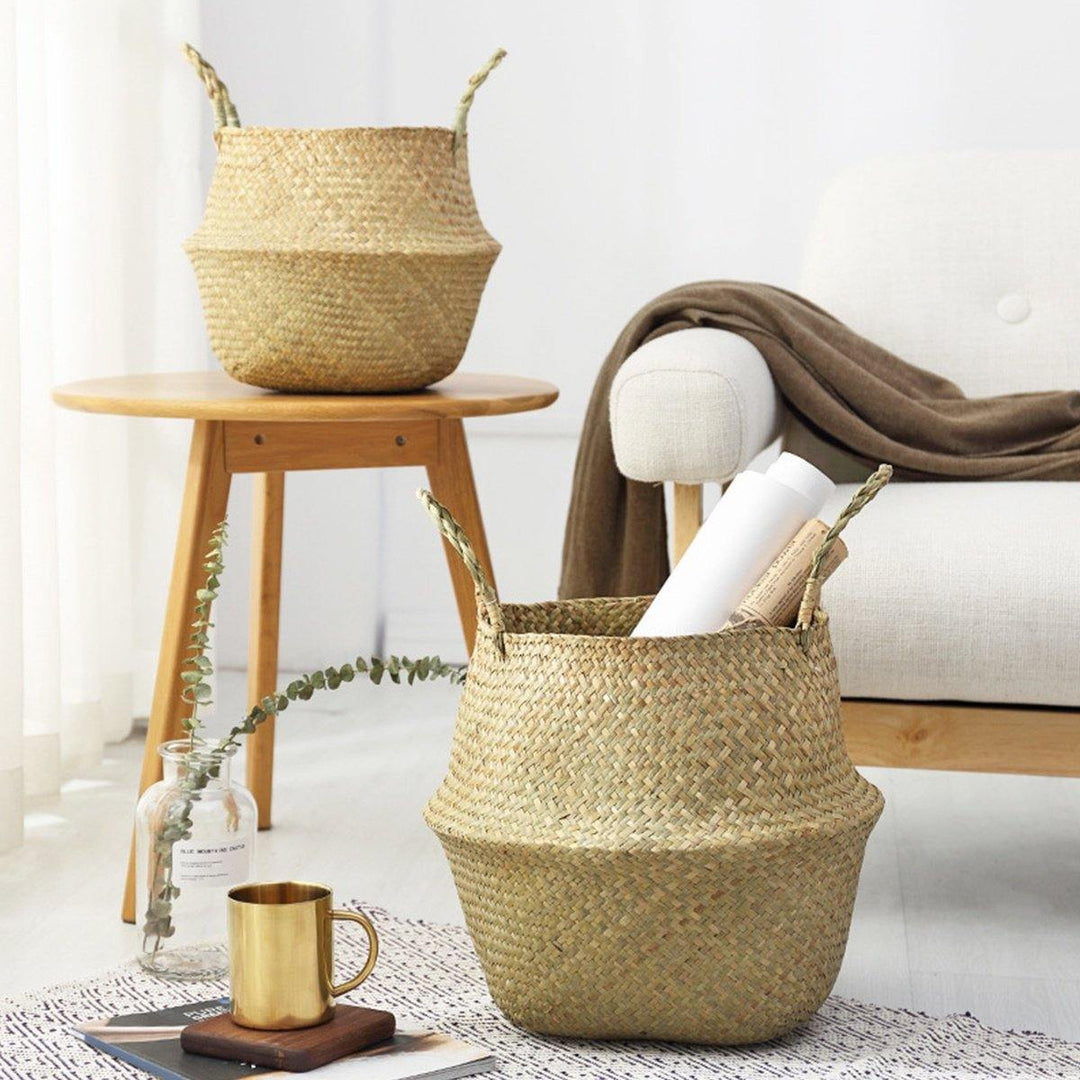 1/2 Pcs Rattan Belly Storage Baskets Laundry Holder Plants Flower Pot Home Decor - MRSLM