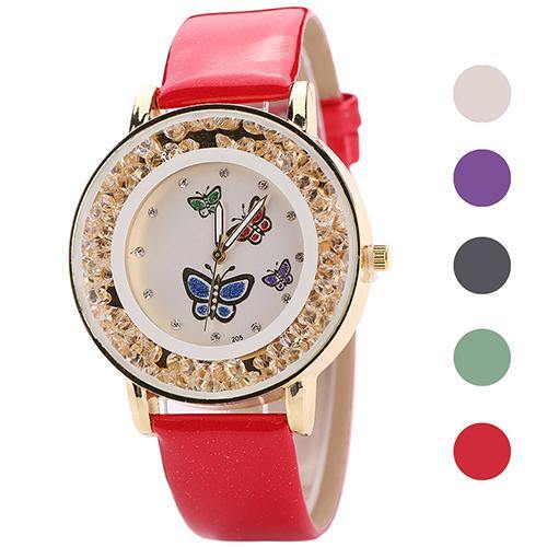 Women Fashion Butterfly Flowing Rhinestone Dial Faux Leather Analog Wrist Watch - MRSLM