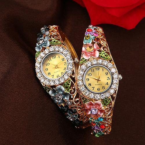 Women's Beautiful Flower Band Hollow Out Bangle Crystal Quartz Bracelet Watch Jewelry - MRSLM