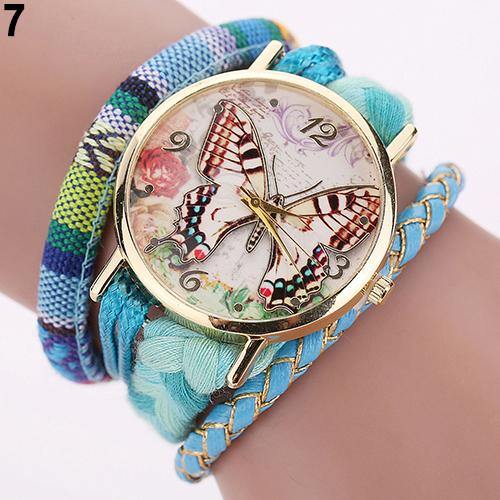 Women Ethnic Style Multilayer Knitted Strap Butterfly Dial Bracelet Quartz Wrist Watch - MRSLM