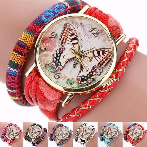 Women Ethnic Style Multilayer Knitted Strap Butterfly Dial Bracelet Quartz Wrist Watch - MRSLM