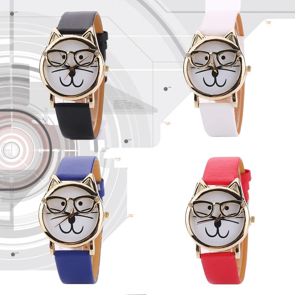 Unisex Fashion Faux Leather Band Cute Glasses Cat Case Analog Quartz Wrist Watch - MRSLM