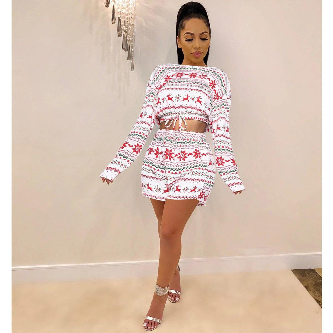 Women Christmas Pajama Sets Long Sleeve Crop Top Shorts 2Pcs - MRSLM